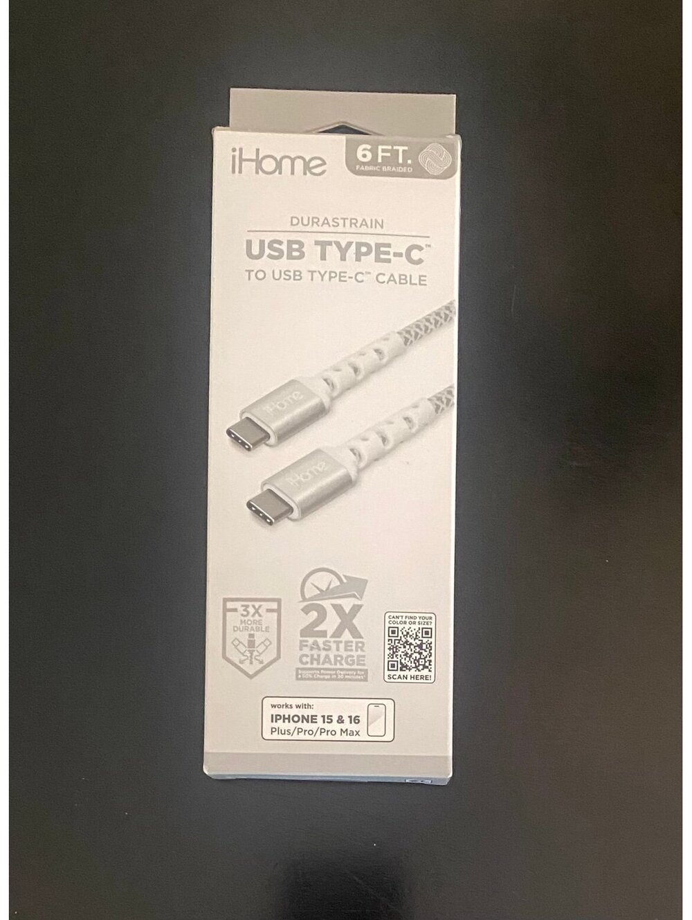 IHOME 6ft USB-C to USB-C Cable Nylon Braided with Cable Wrap While